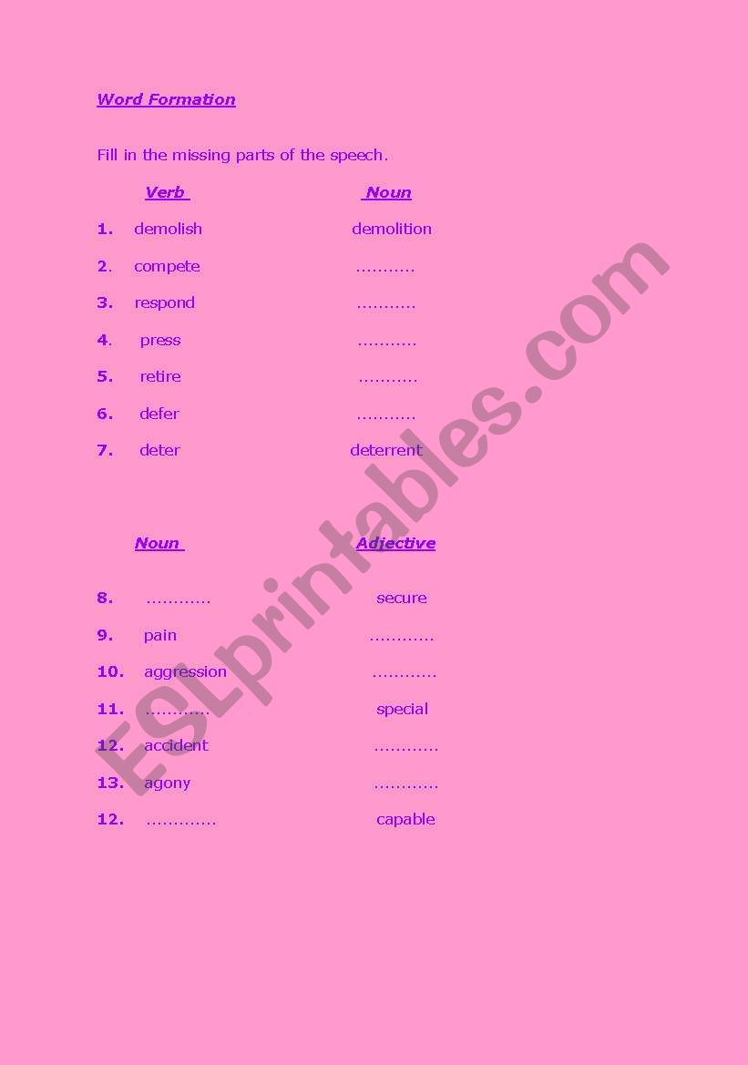 Word formation worksheet