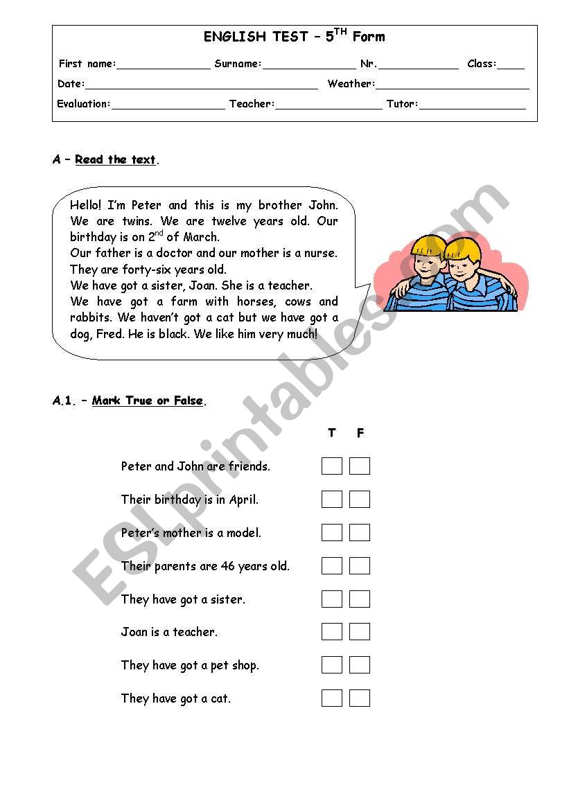 English test_5th form worksheet