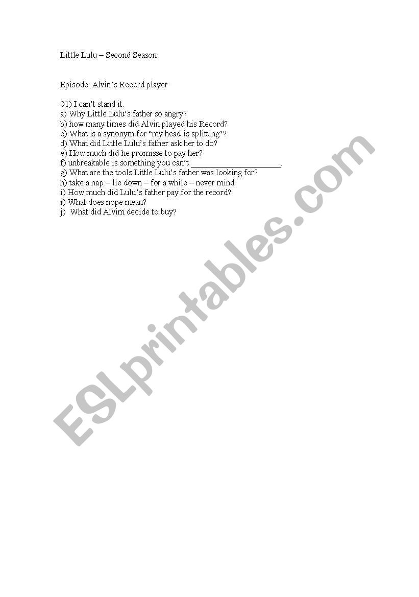 Litte Lulu written exercises worksheet