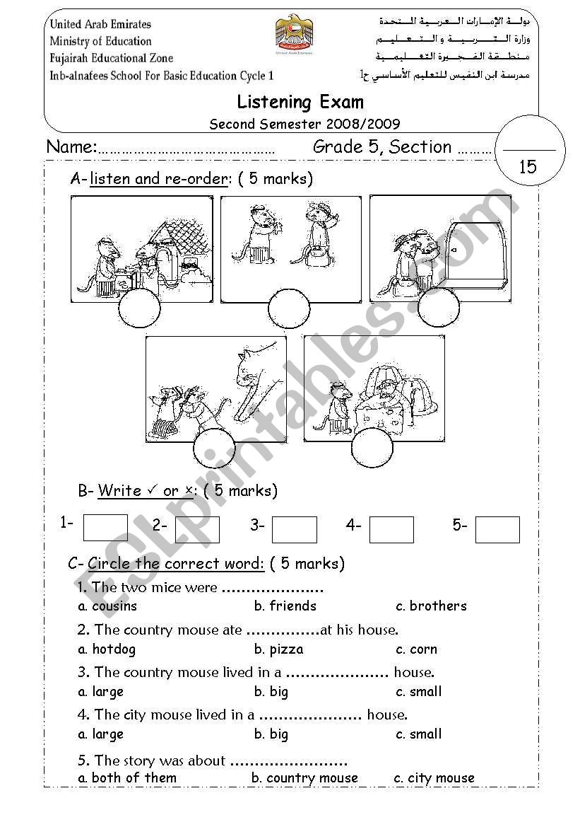 student sheet for the listening test about city mouse and country mouse