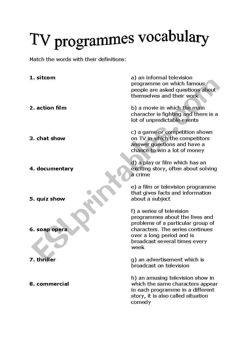 Vocabulary match the words with definition. TV programmes Vocabulary. Television Worksheets. TV programs Worksheets. Programming Vocabulary.