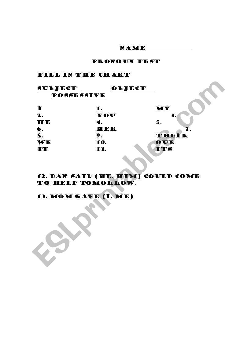 Pronoun Test worksheet