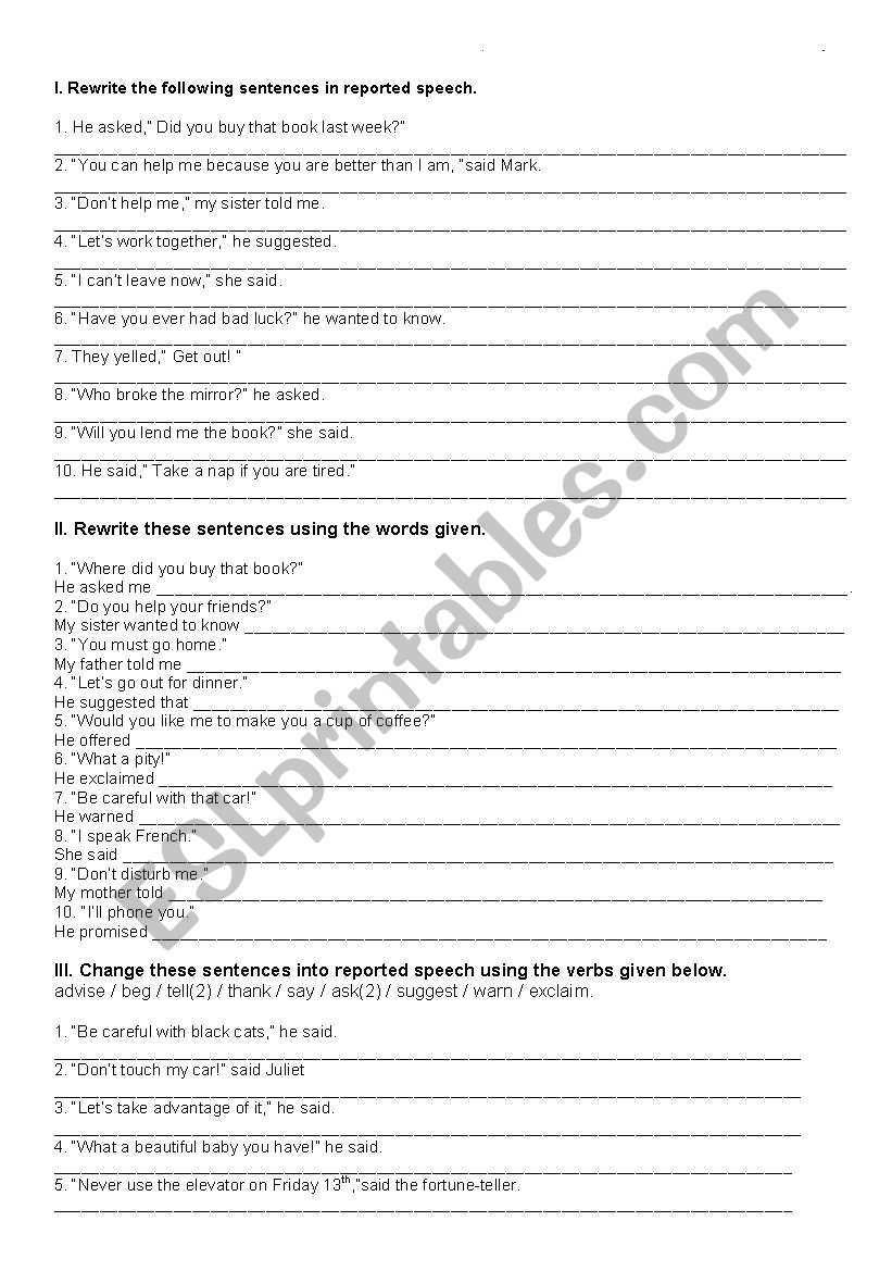 Reported Speech worksheet