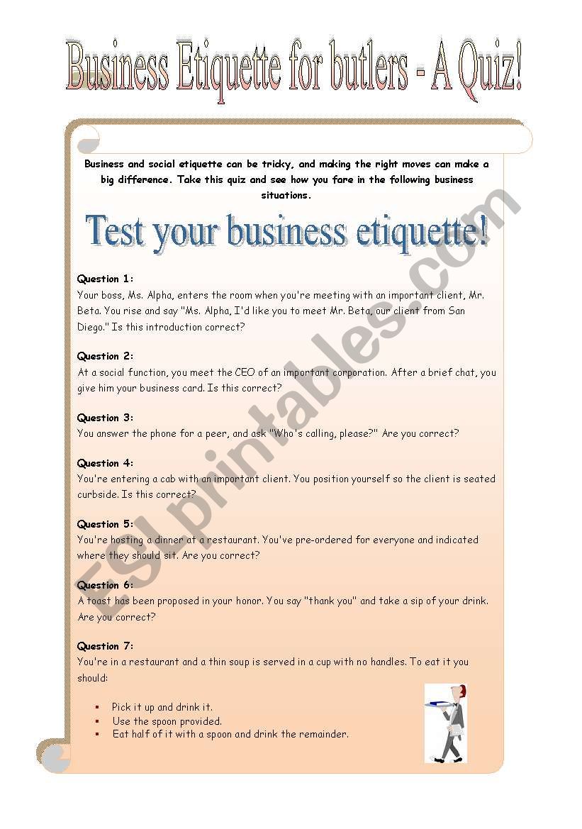 Business Etiquette for butlers - 7 pages - QUIZ (PART 2)