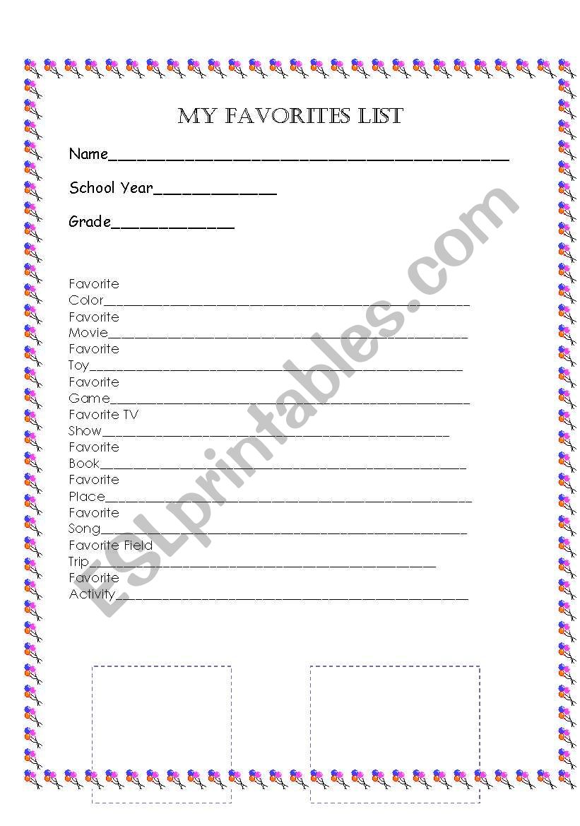 My Favorites List worksheet