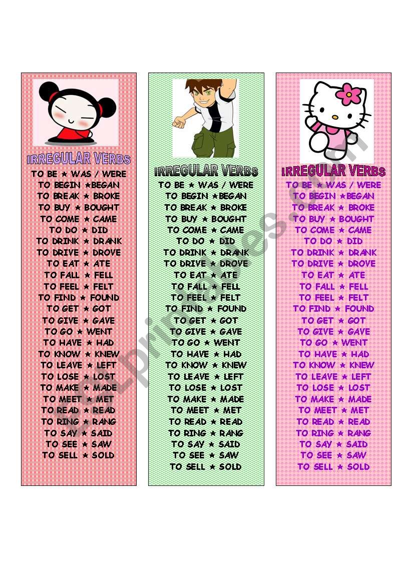 Irregular Verbs Bookmarks worksheet