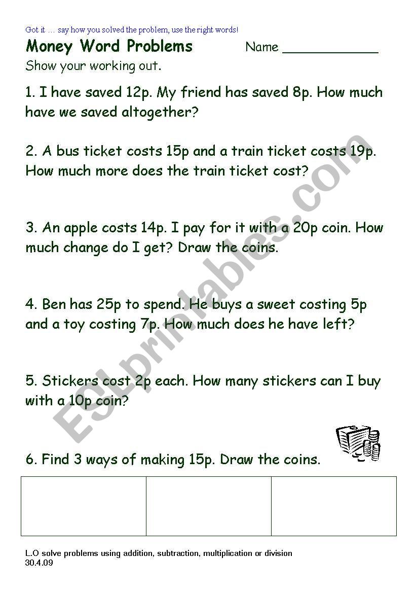 English Worksheets Word Problems Using Money