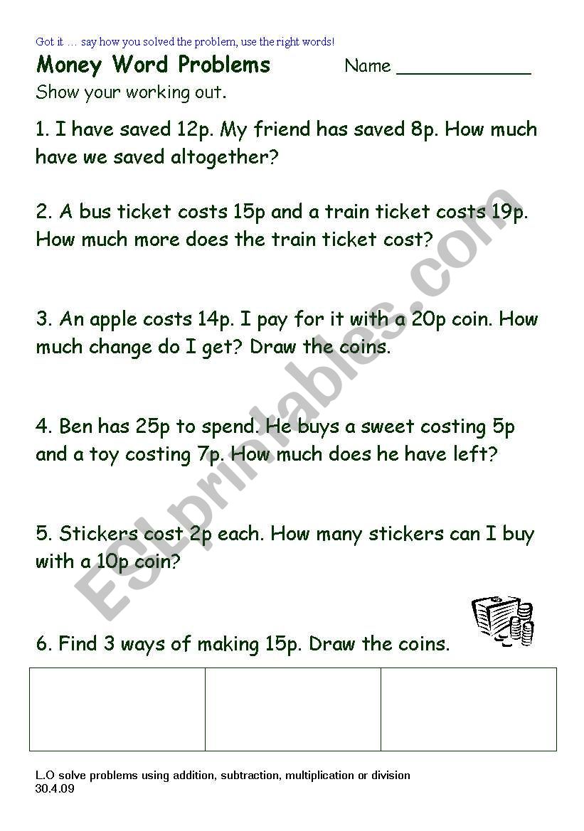 word problems using money worksheet