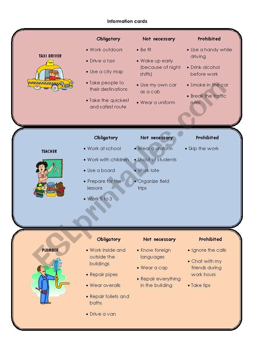 Mingling activity! (Had to / didnÂ´t have to / wasnÂ´t allowed to) & (Must / donÂ´t have to / mustnÂ´t) & (Will have to / wonÂ´t have to / wonÂ´t be allowed to) + OCCUPATIONS!