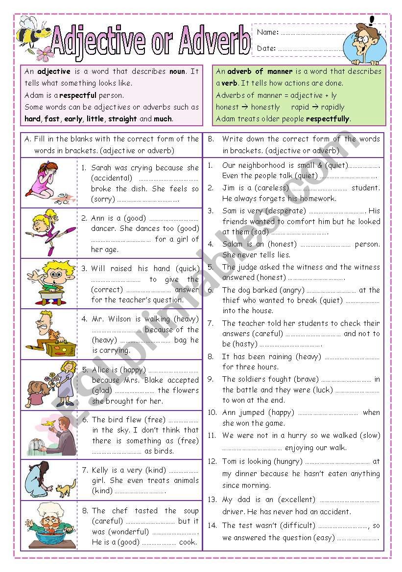 Adjective And Adverb Worksheet