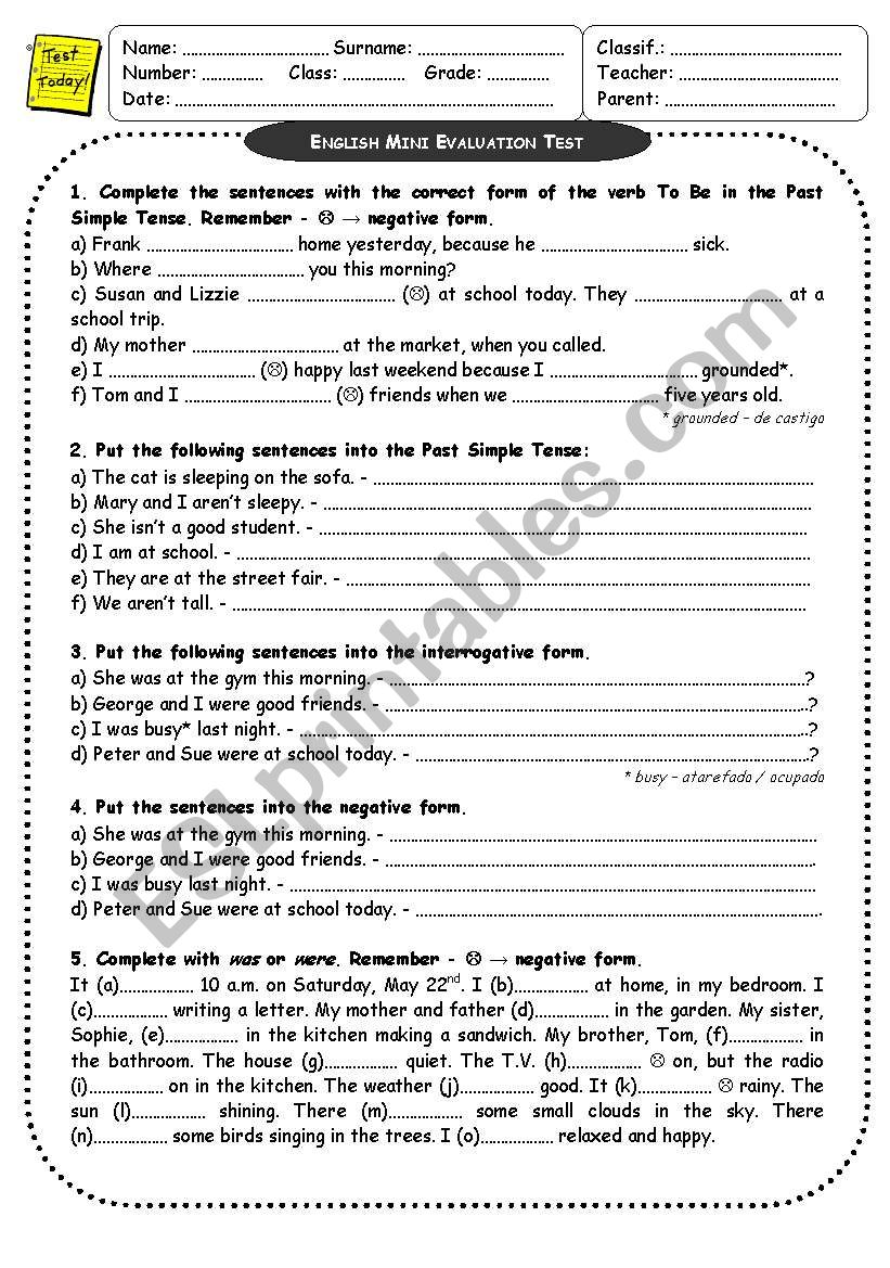 To Be - Past Simple Mini Evaluation Test (3 sheets)