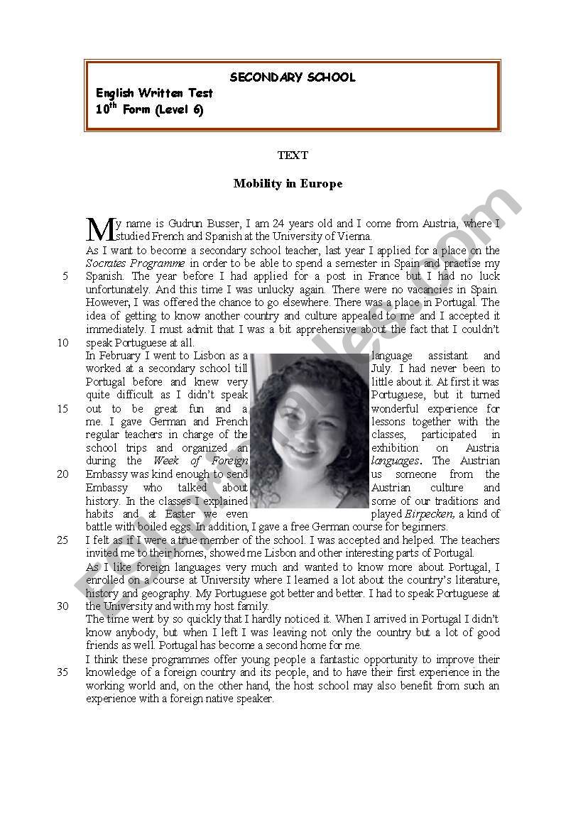 Test on Mobility in Europe worksheet