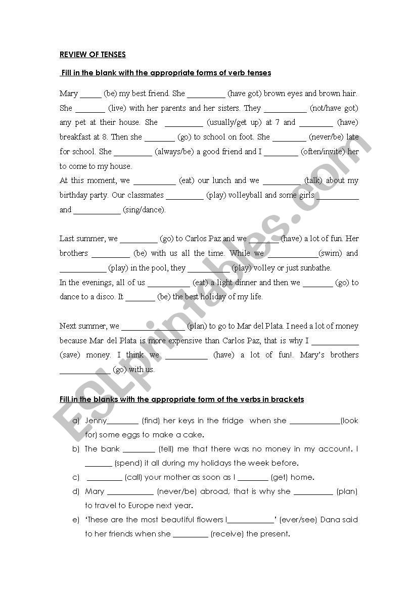 Review of Tenses worksheet