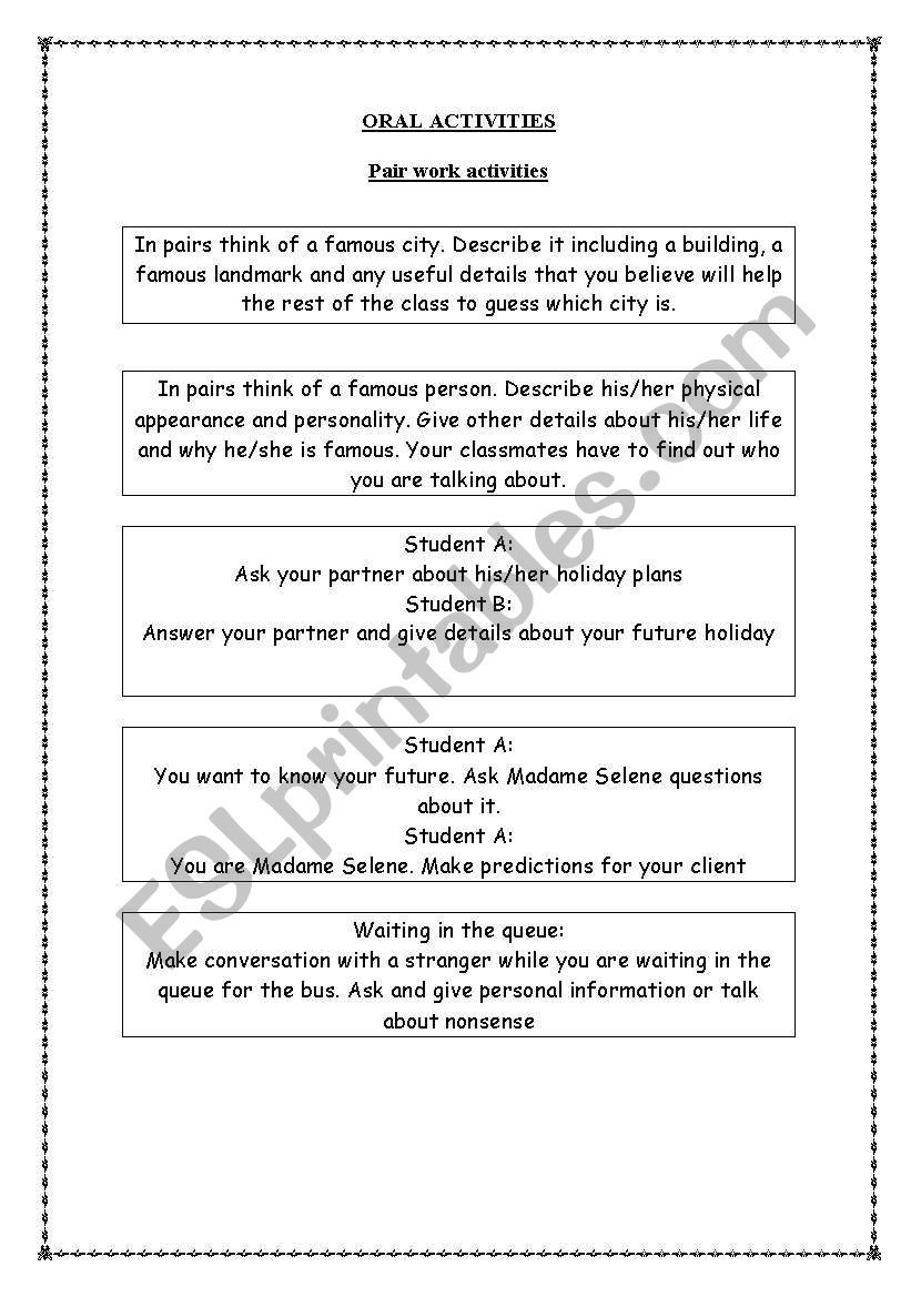 Oral activities worksheet