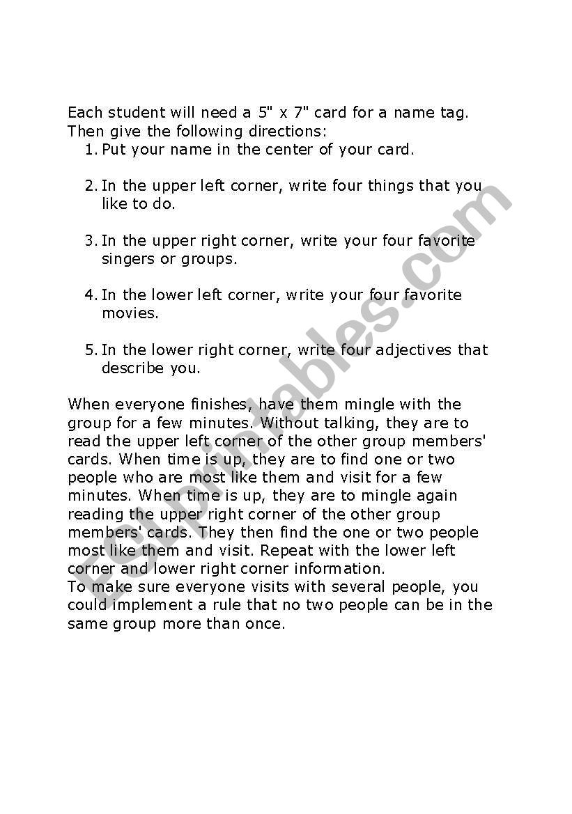 ESL Warm-Up worksheet