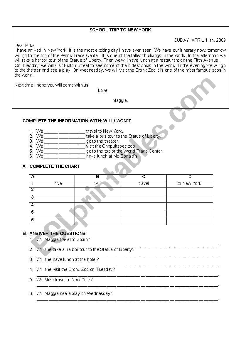 SCHOOL TRIP TO NEW YORK worksheet