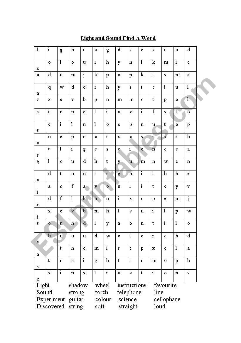Light and Sound find a word worksheet