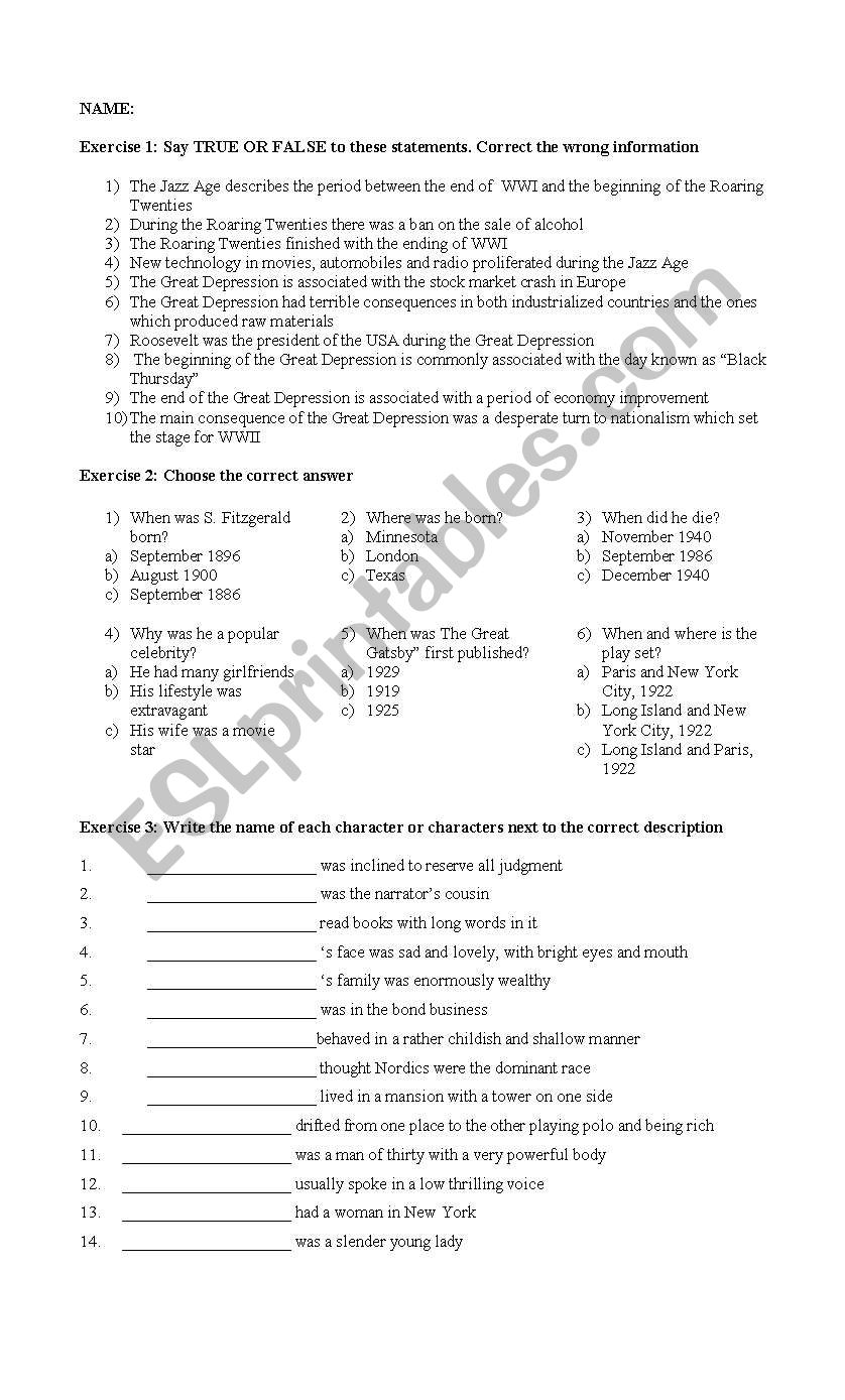 The Grat Gatsby - Test worksheet