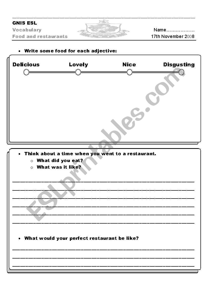 Food and Restaurants worksheet