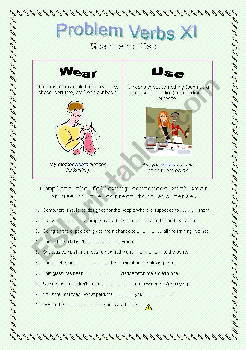 Problem Verbs XI - Wear and Use - Theory and Practice - with key