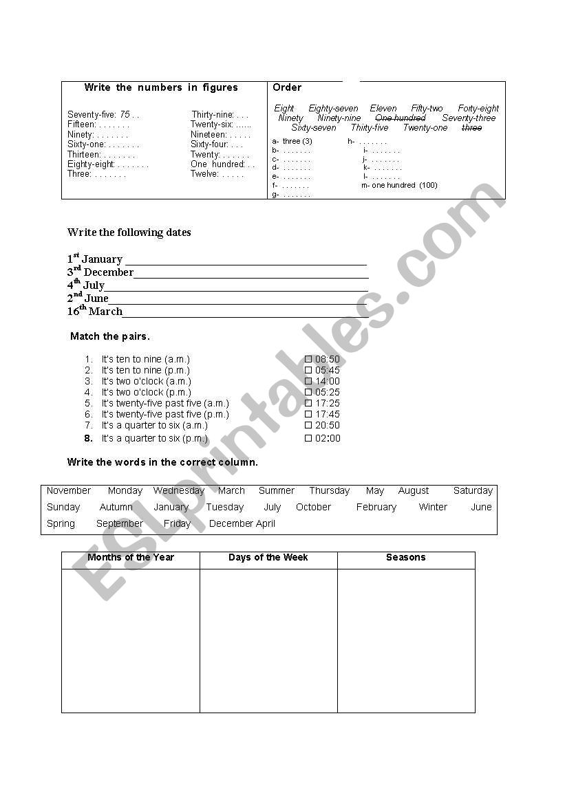 numbers and time worksheet