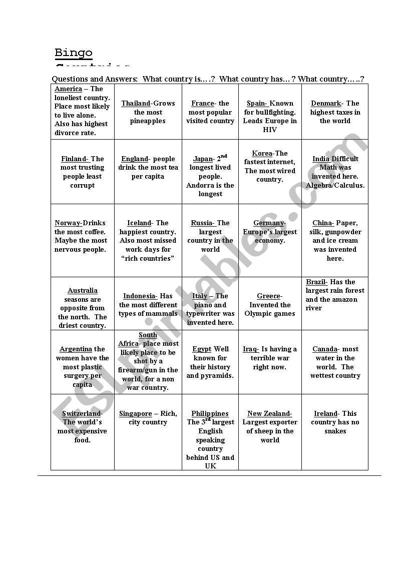 Bingo Countries! worksheet