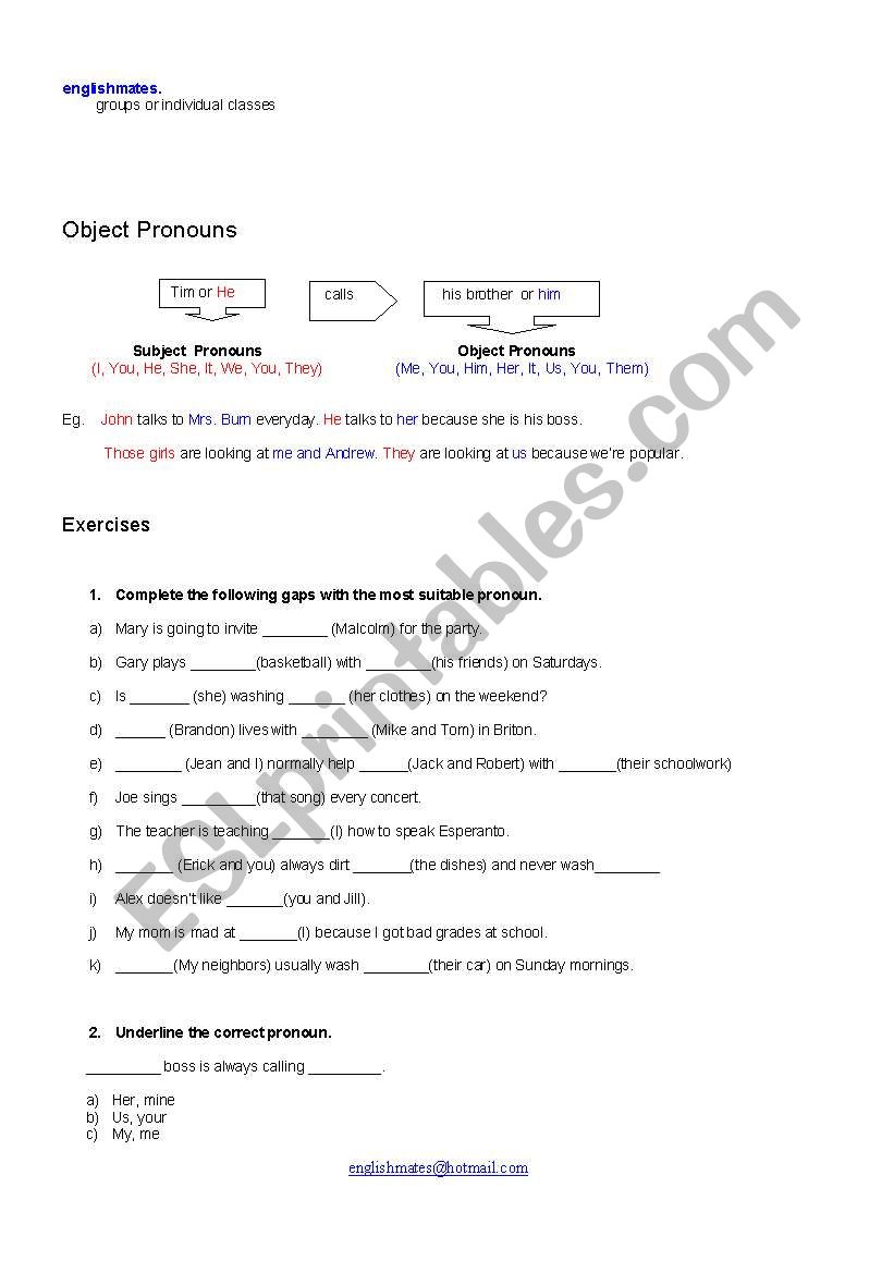 Subject and Object pronouns worksheet