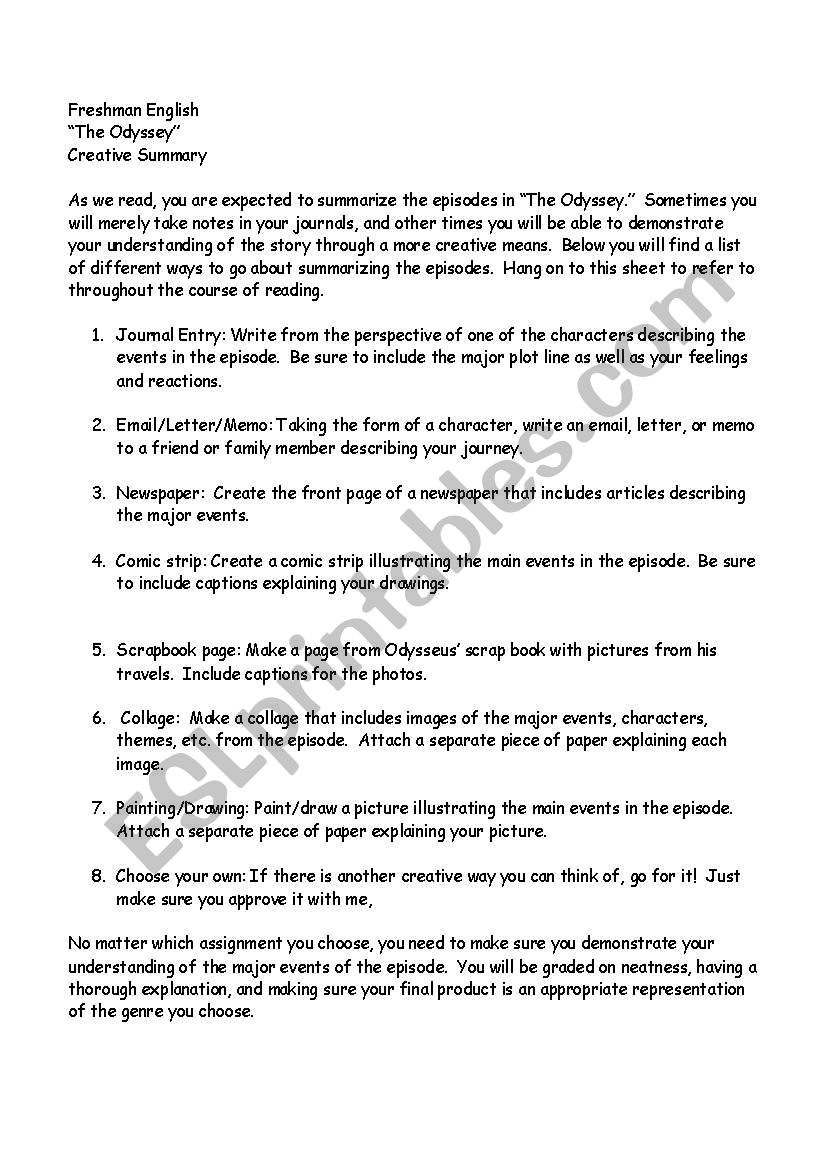 Odyssey Choices worksheet