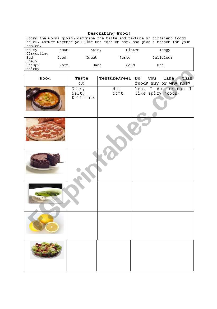 describing food worksheet