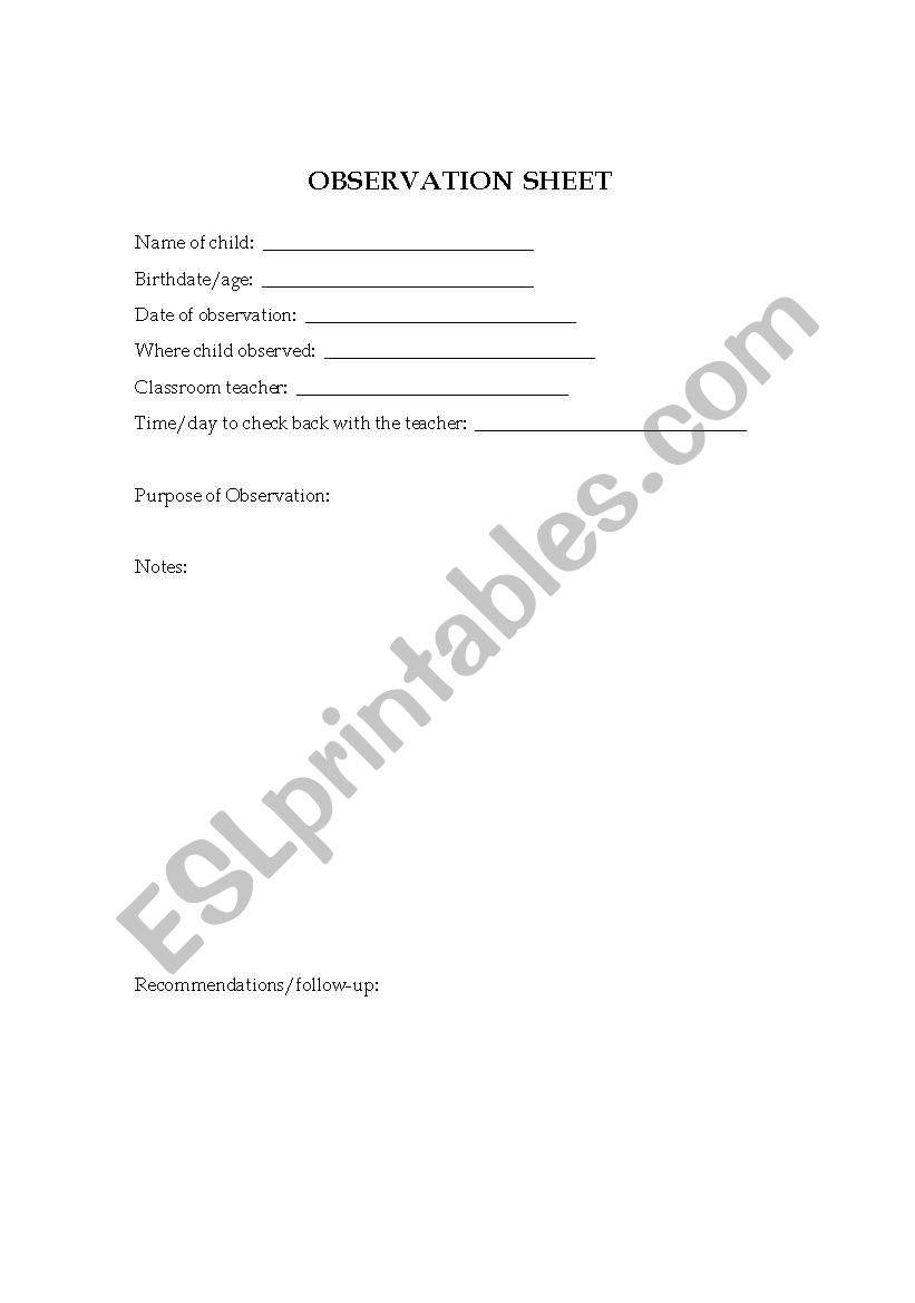 Teacher observation sheet worksheet