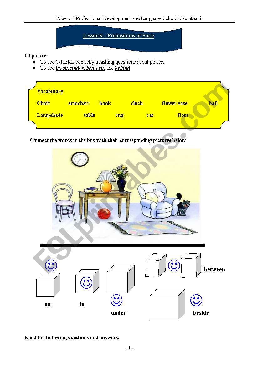 Prepositions of Place worksheet