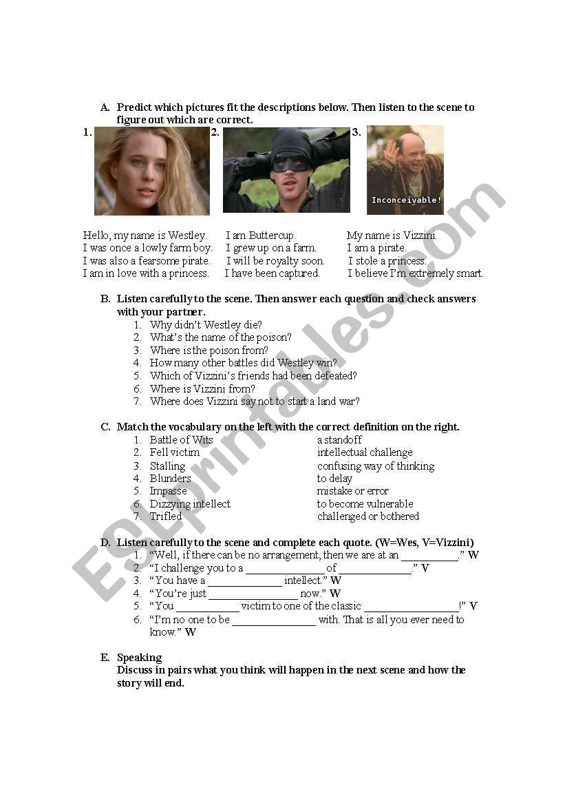 The Princess Bride worksheet