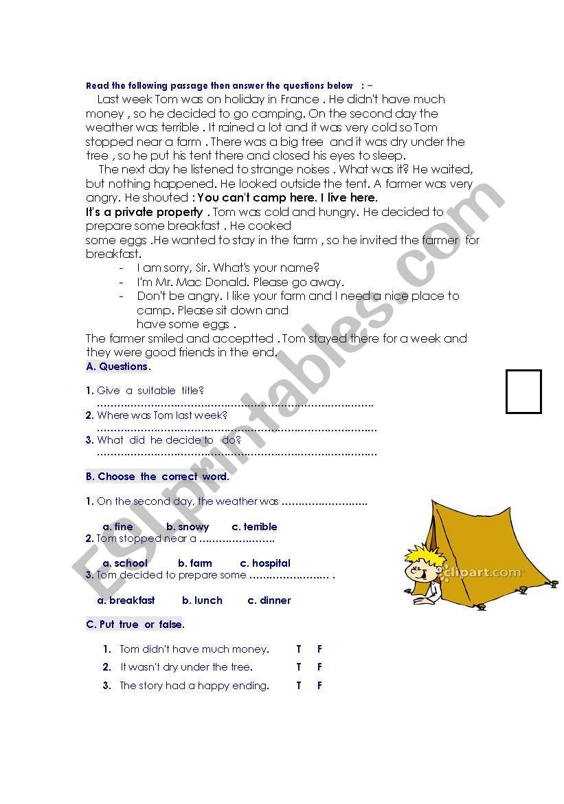 a reading story worksheet