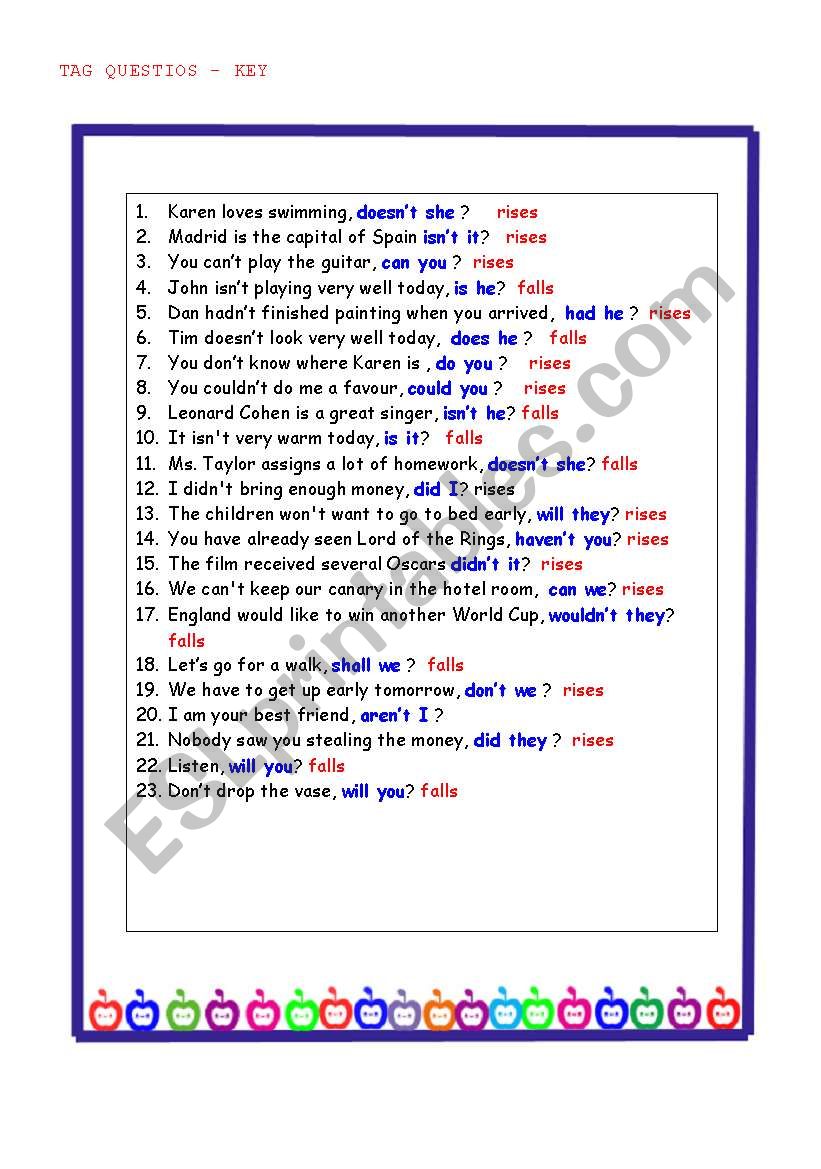 Tag Questions-KEY worksheet