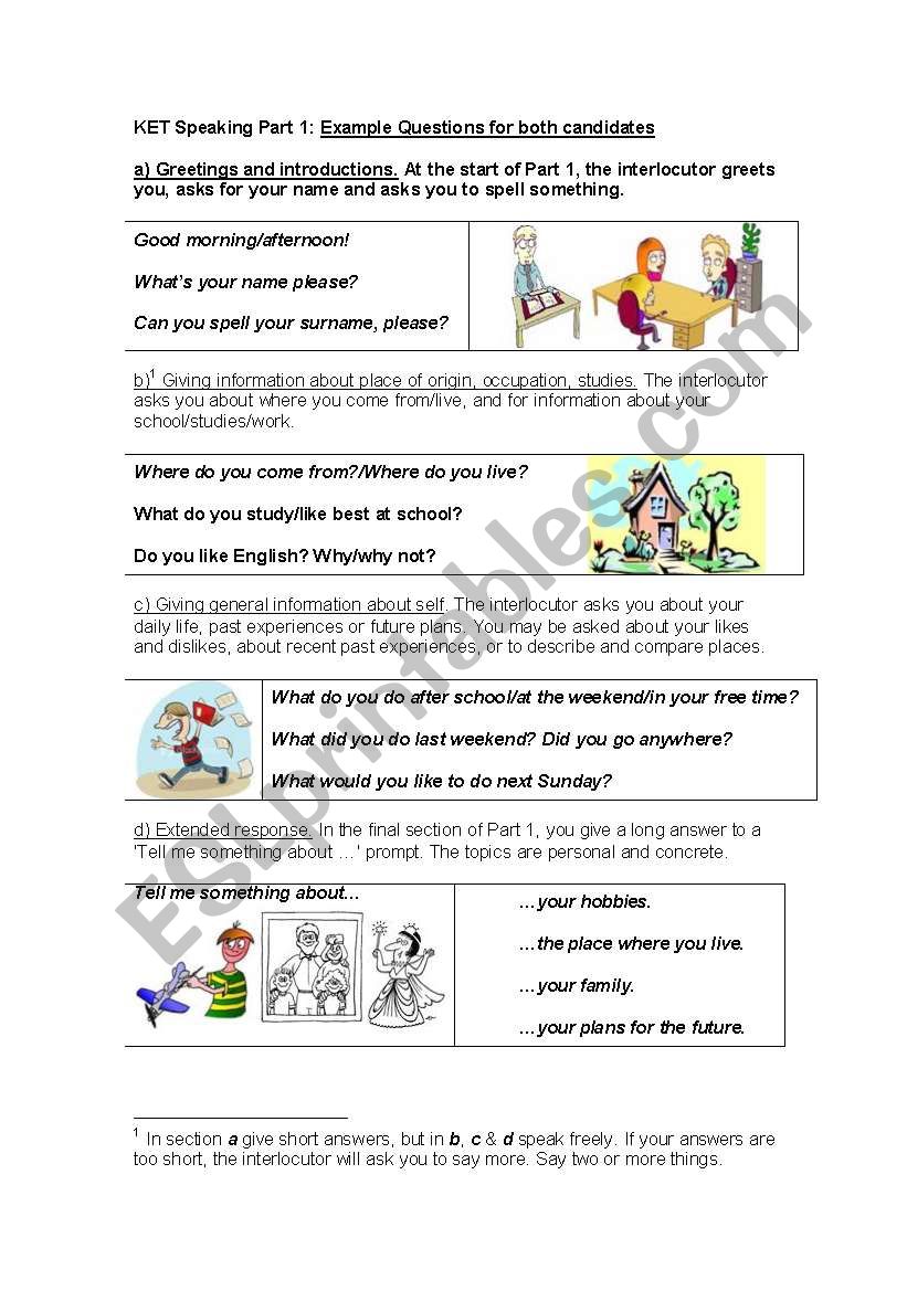 KET Speaking, Part 1, Worksheet for classroom use