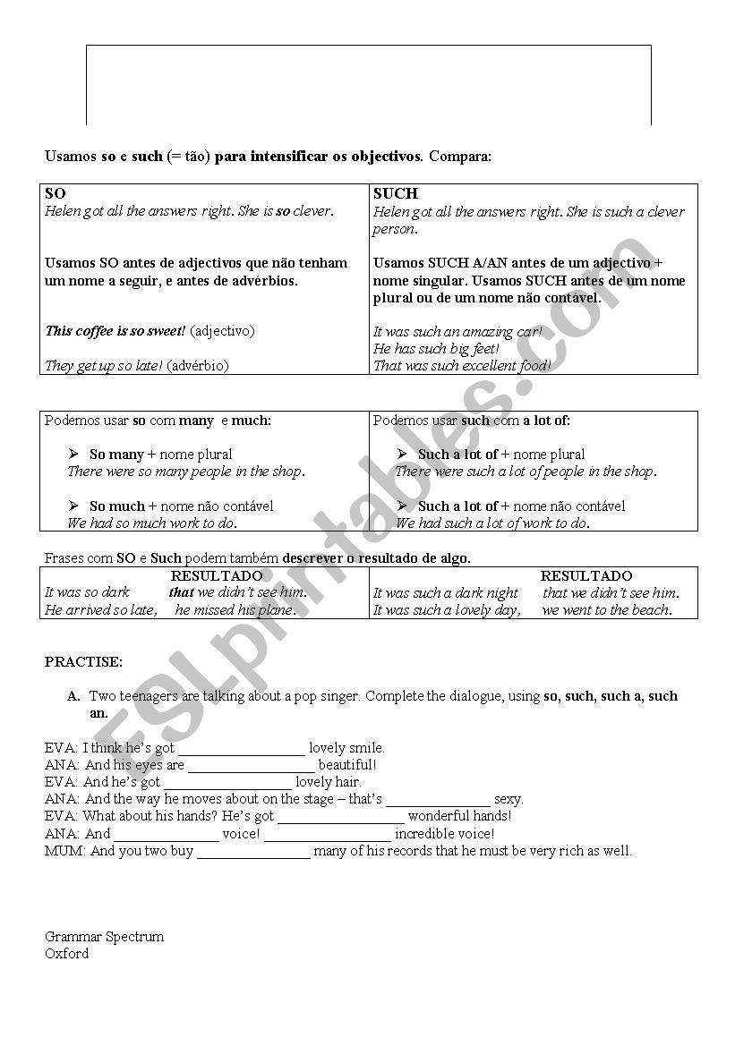 the use of SO and SUCH worksheet
