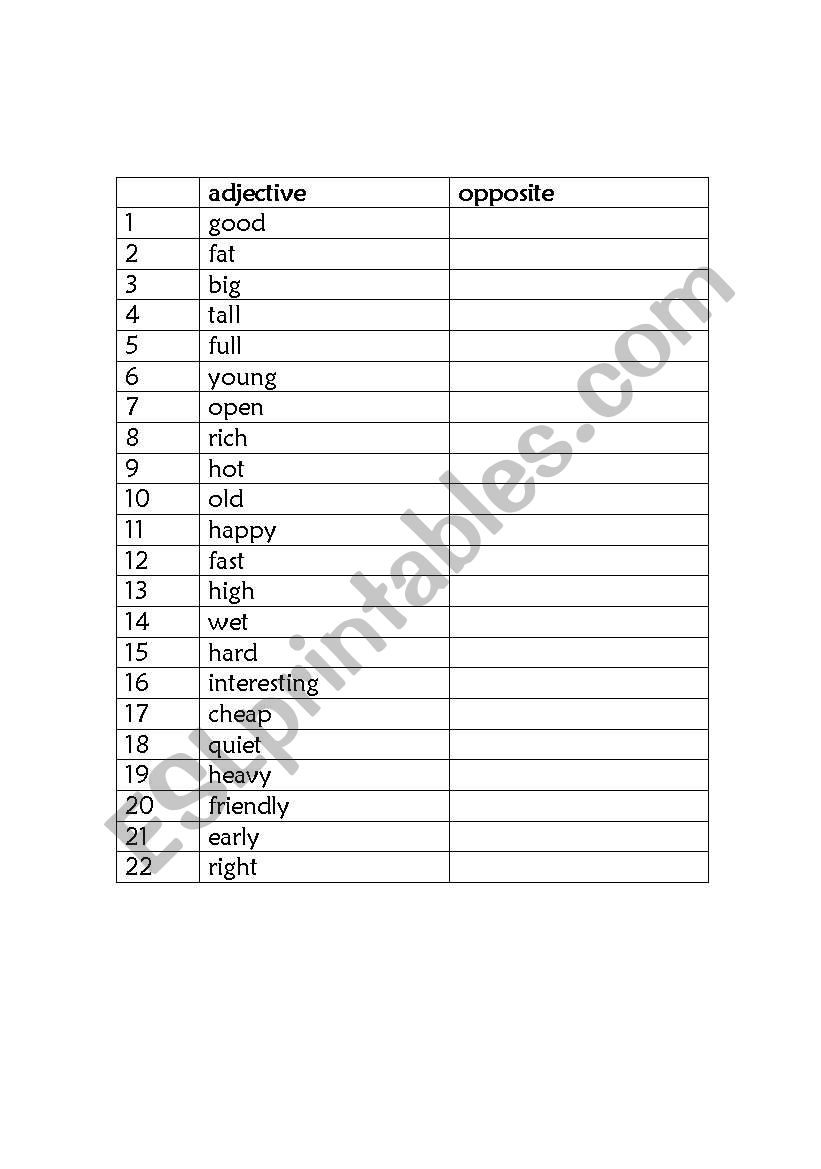 Adjective opposites worksheet