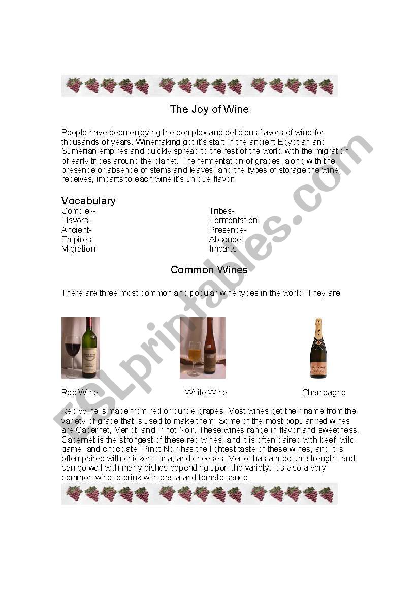 The Joy of Wine worksheet