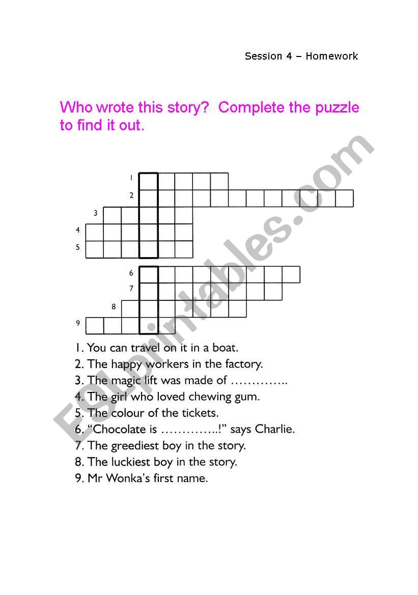 Crossword of the book Charlie and the Chocolate Factory