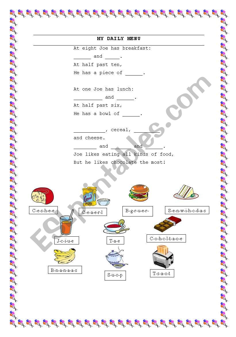 My daily menu worksheet