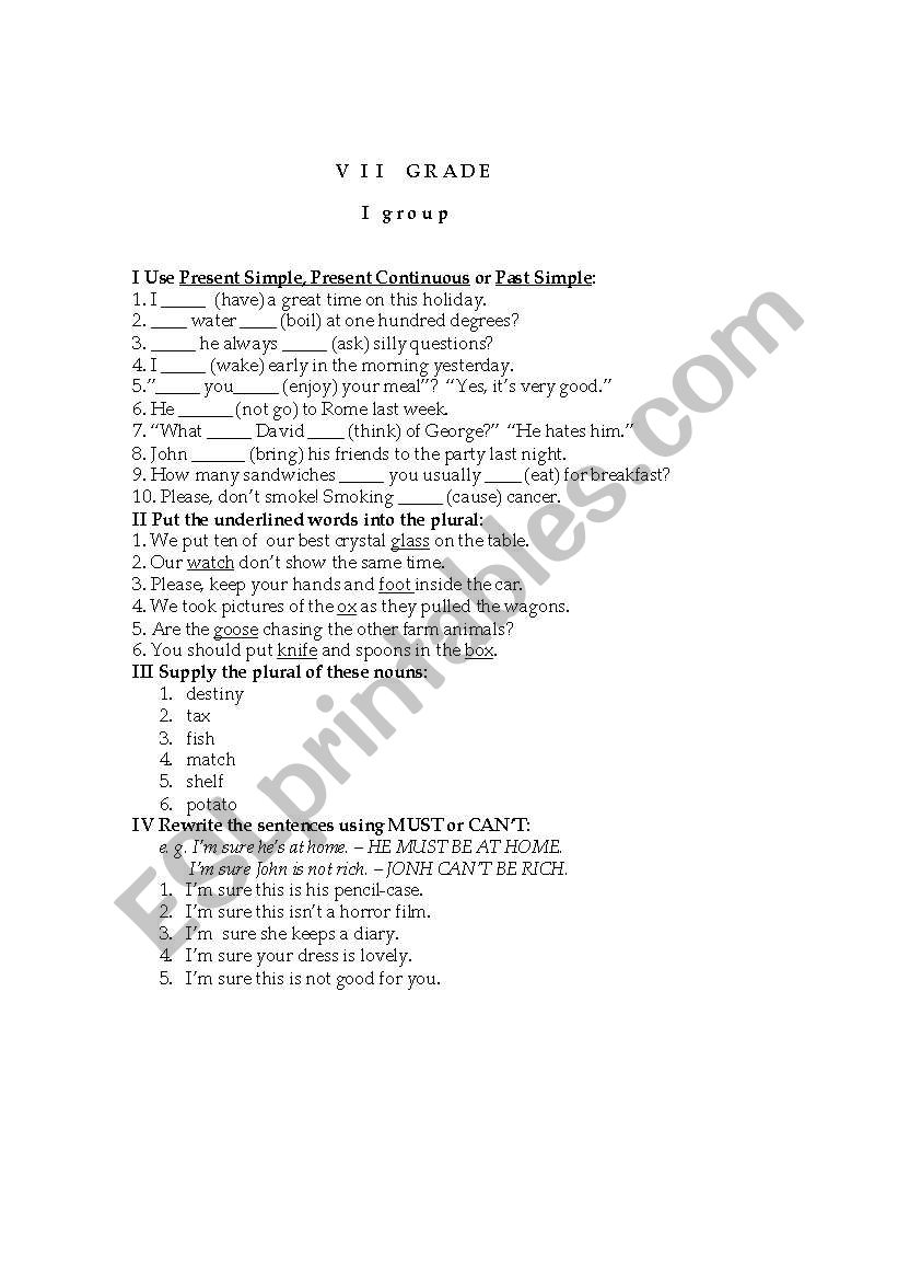 Verb tenses, plural of nouns worksheet