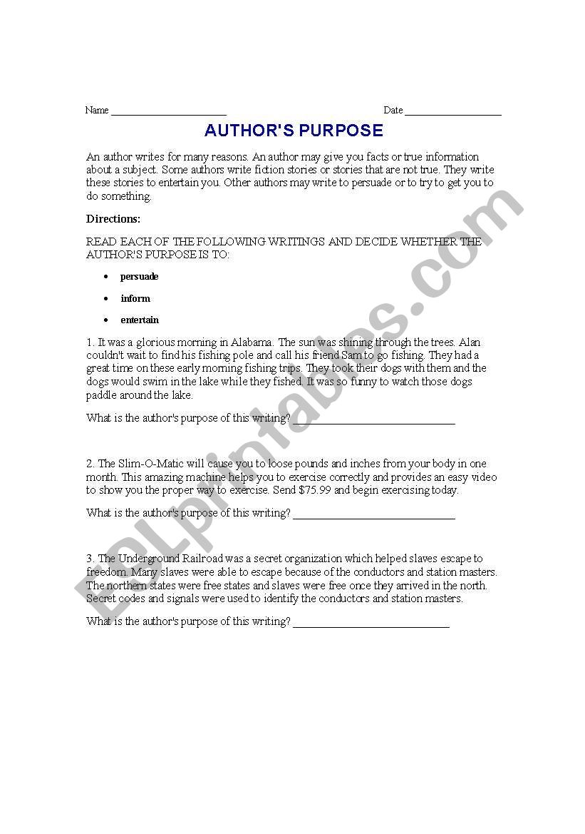 Authors Purpose worksheet