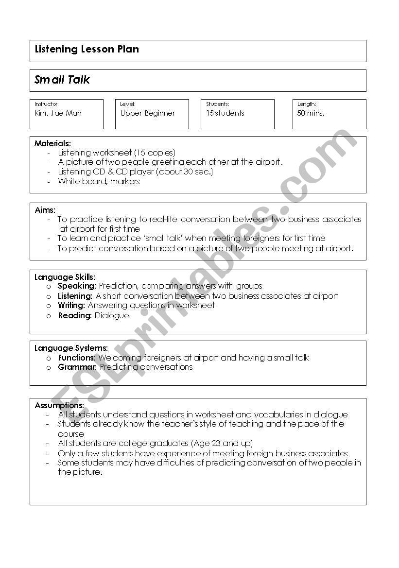 Listening Lesson Plan worksheet