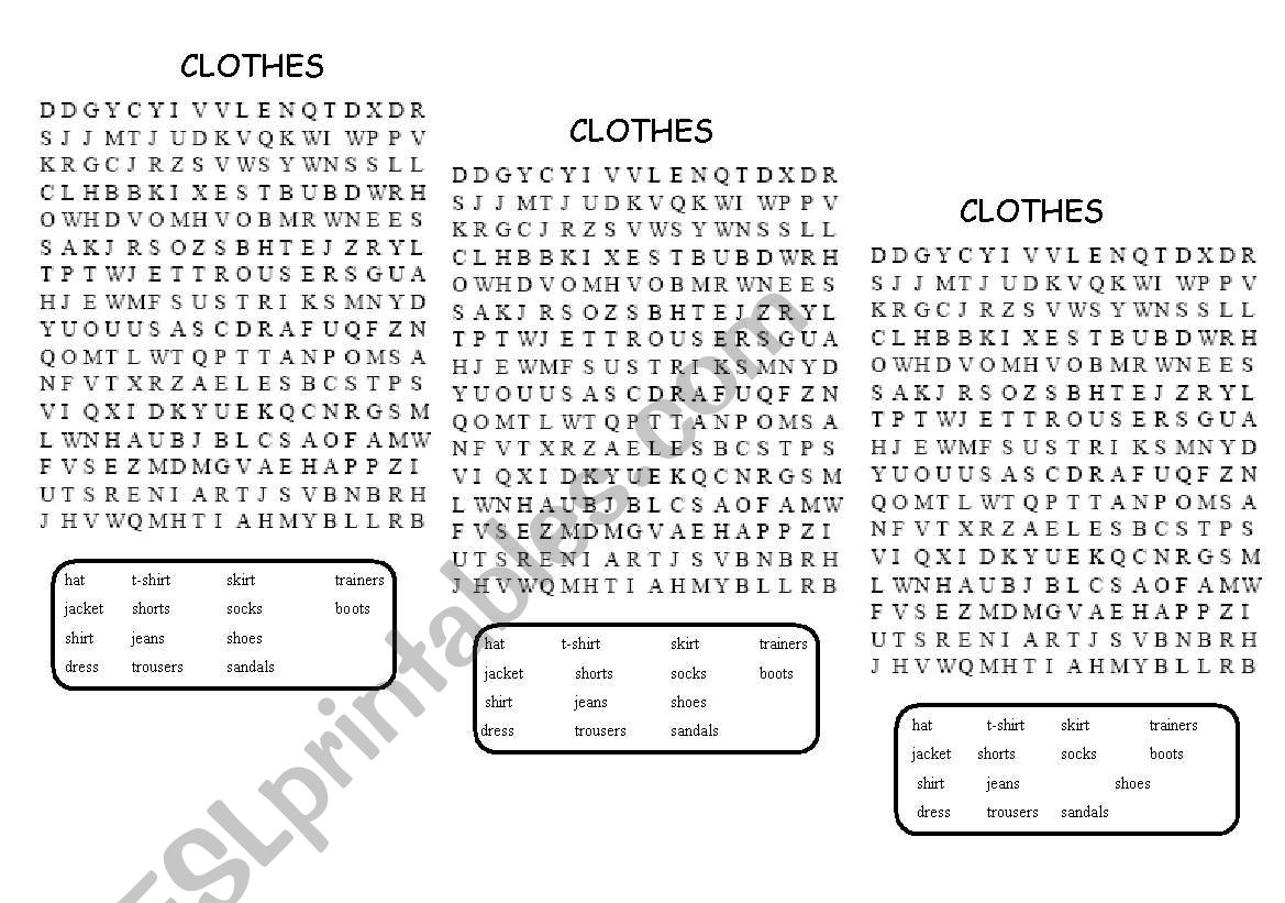 Clothes Wordsearch worksheet