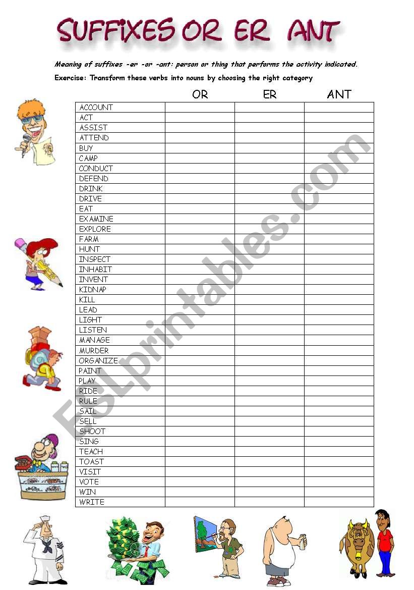 Suffixes or er ant worksheet
