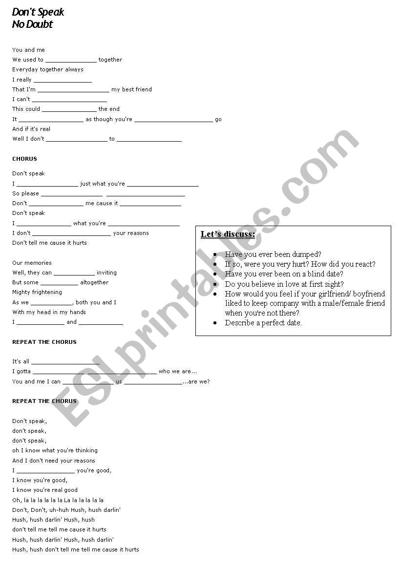 Song - No Doubt - Dont speak worksheet