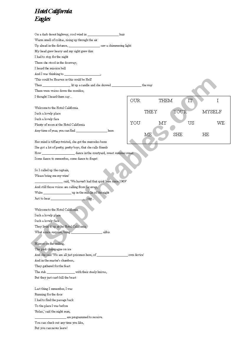 Hotel Califrnia worksheet