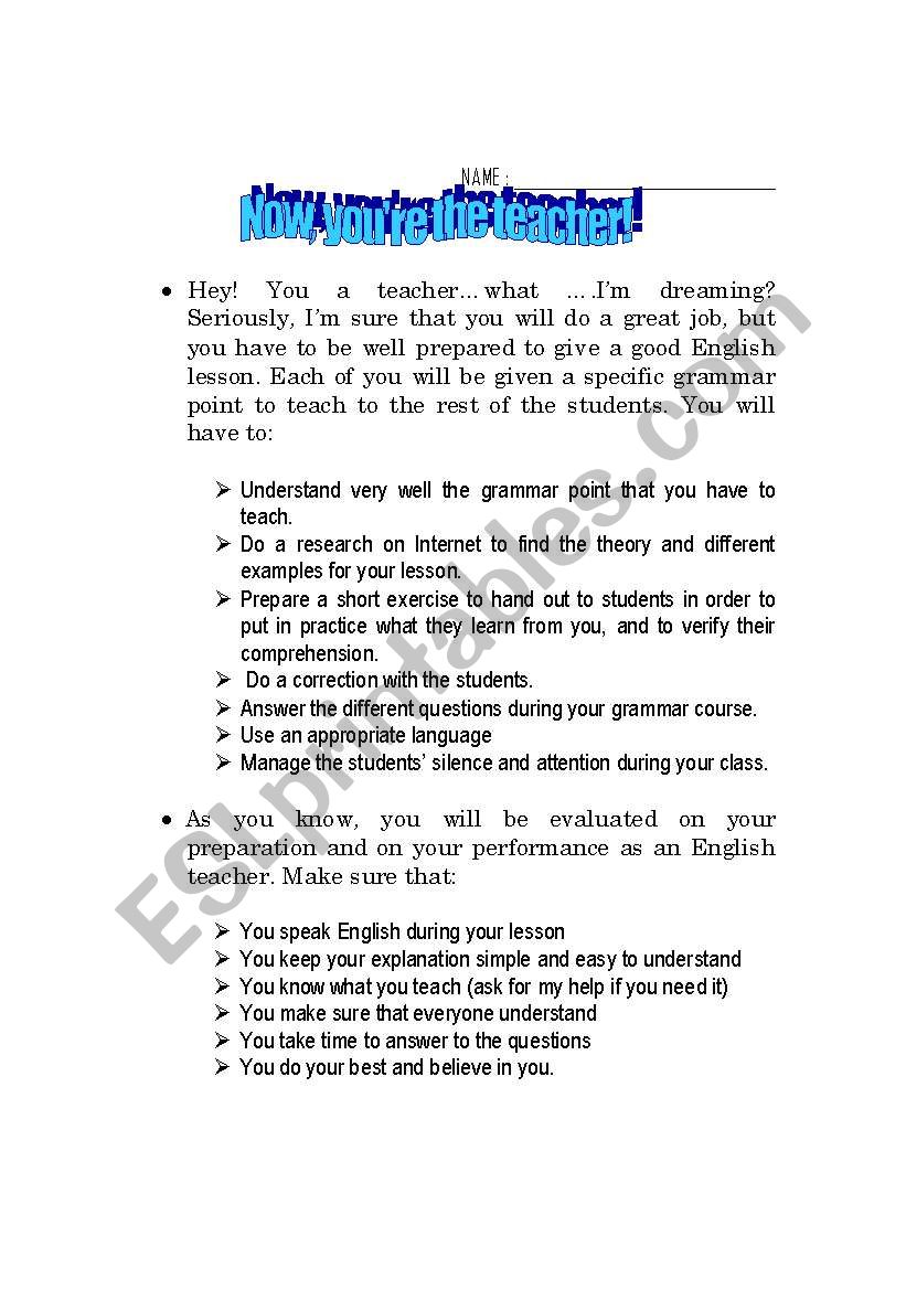 Mini-Teacher worksheet