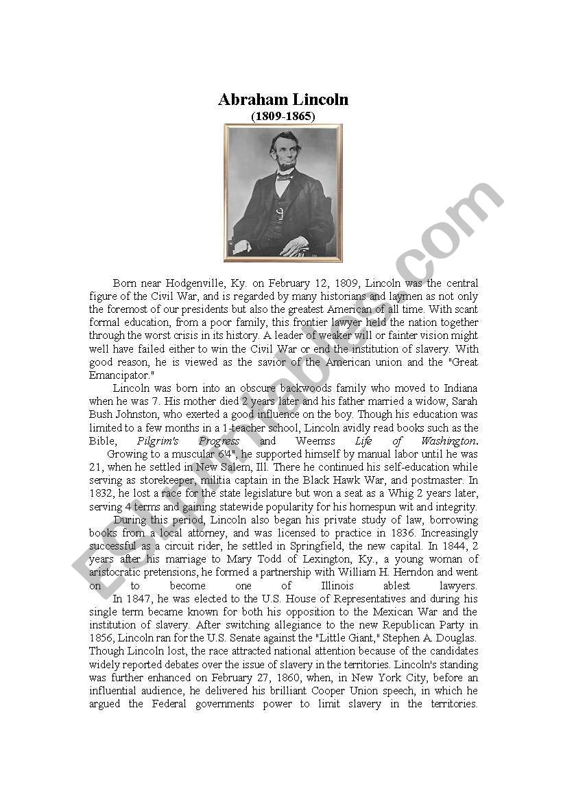 Abraham Lincoln Biography worksheet