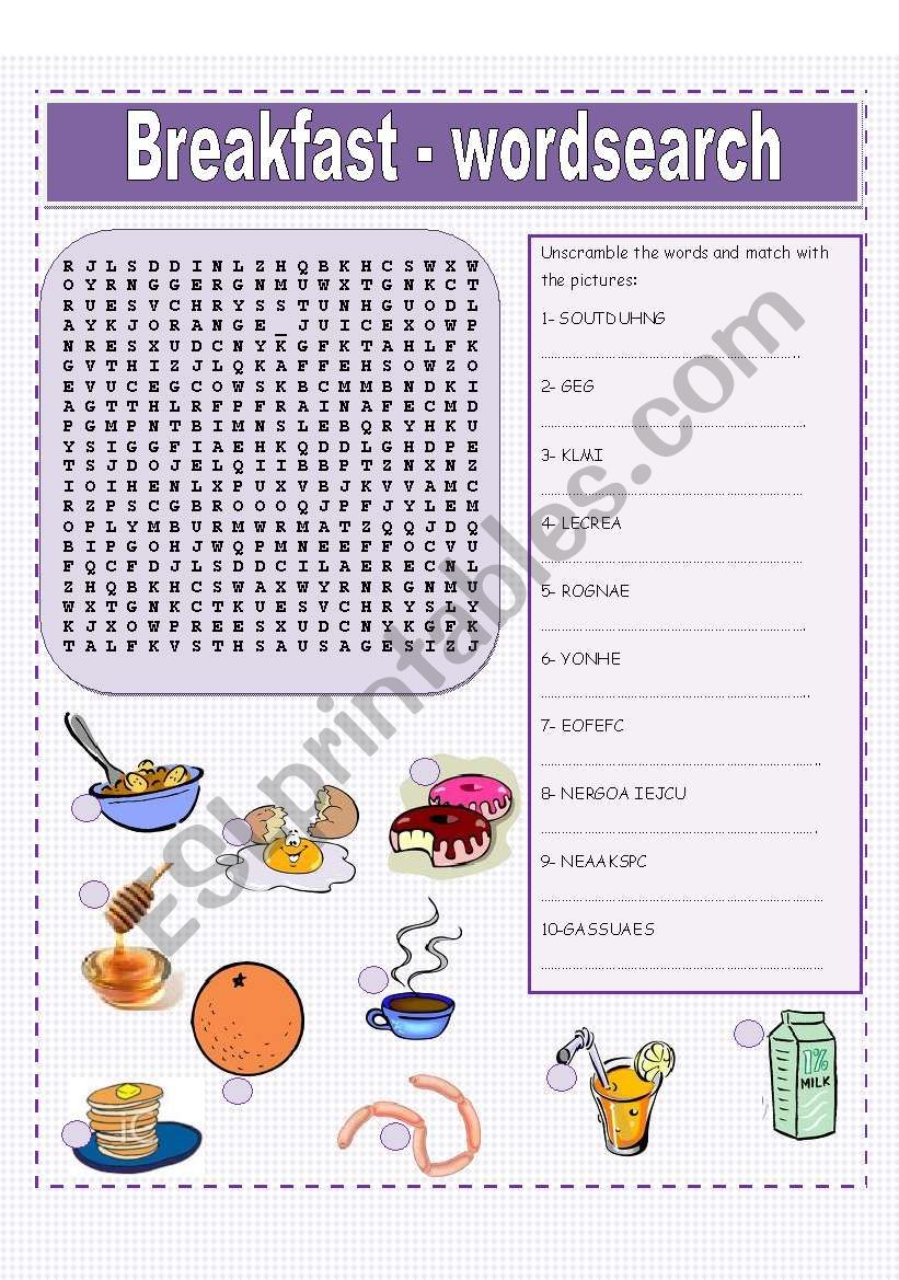 Breakfast wordsearch worksheet